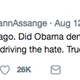 A fake Julian Assange Twitter account tweeting about President Obama that was retweeted by Donald Trump Jr. on August 14, 2017 (Screenshot via Twitter)